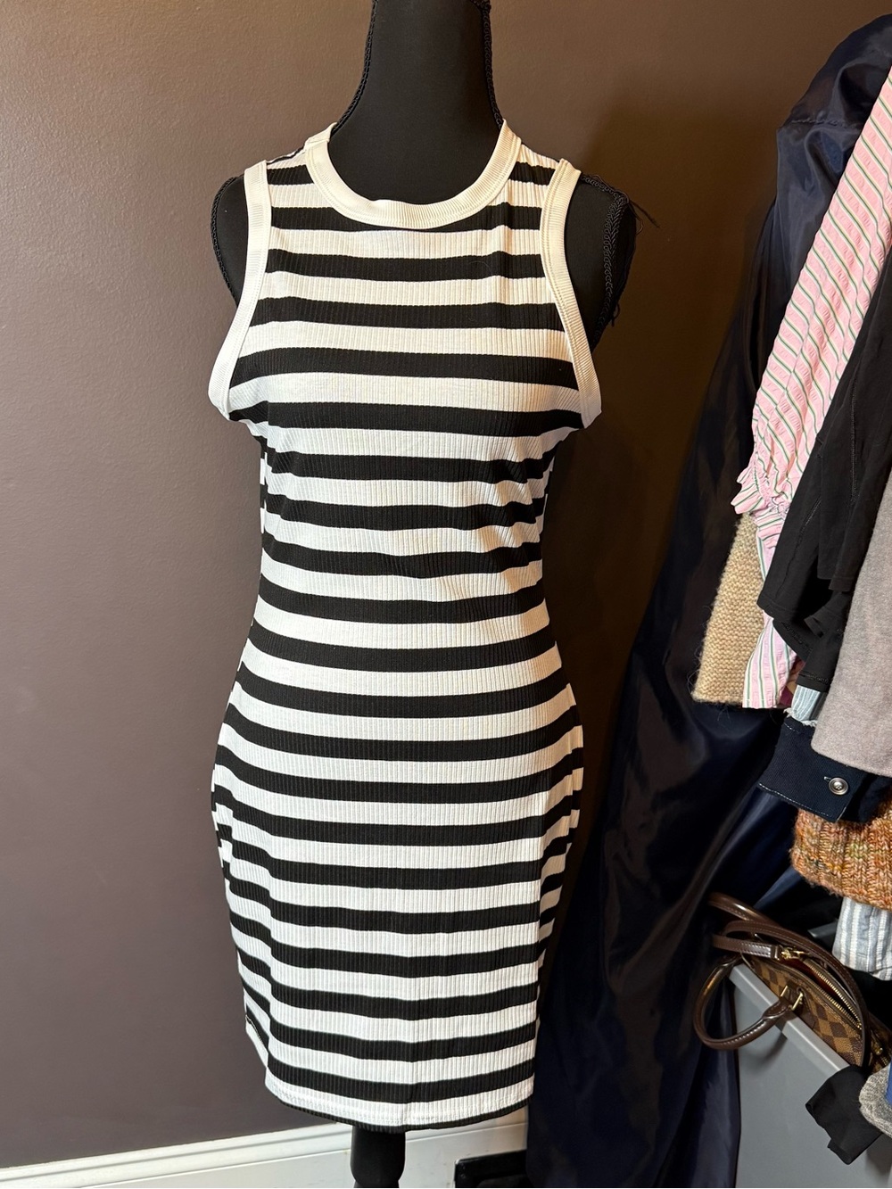 SHEIN Black & White Striped Ribbed Midi Dress